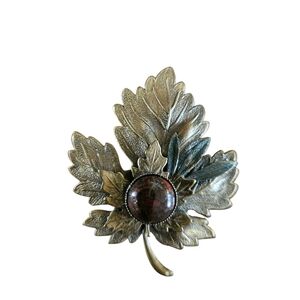 Vintage Maple Leaf Brooch Pin Agate Center Layered Multi Metal Fall